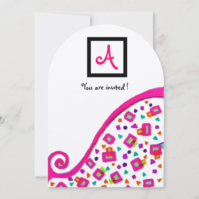 PINK FUCHSIA WHITE ABSTRACT DECO SQUARE MONOGRAM INVITATION (Front)