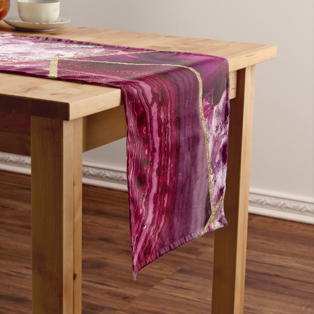 Pink Fuchsia White Agate Gold Geometric Triangles Short Table Runner (In Situ)