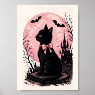 Pink Full Moon Castle Black Cat Poster