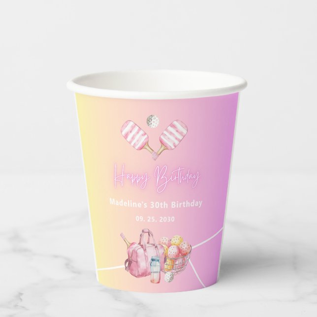 Pink Fun Pickleball 30th Birthday Party Paper Cups (Front)