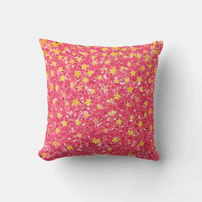 Pink fun sparkling pattern, glittery stars cushion (Front)