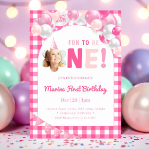 Pink Fun to Be One Photo Girl First Birthday Invitation
