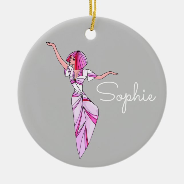 Pink funky dancer girl with pink hair ceramic tree decoration (Front)
