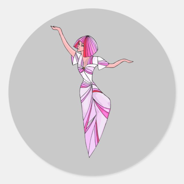 Pink funky dancer girl with pink hair classic round sticker (Front)