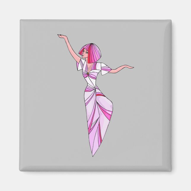 Pink funky dancer girl with pink hair magnet (Front)