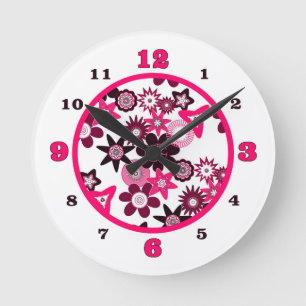 Pink Funky Flowers Round Clock