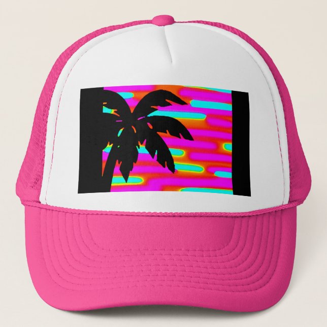 PINK FUNKY SUNSET PALM TREE BALL CAP/HAT TRUCKER HAT (Front)