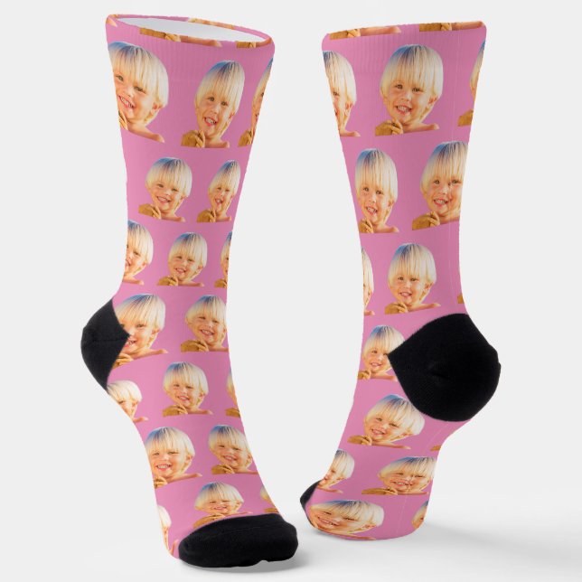 Pink Funny Custom Son Face Photo Crew Socks (Angled)