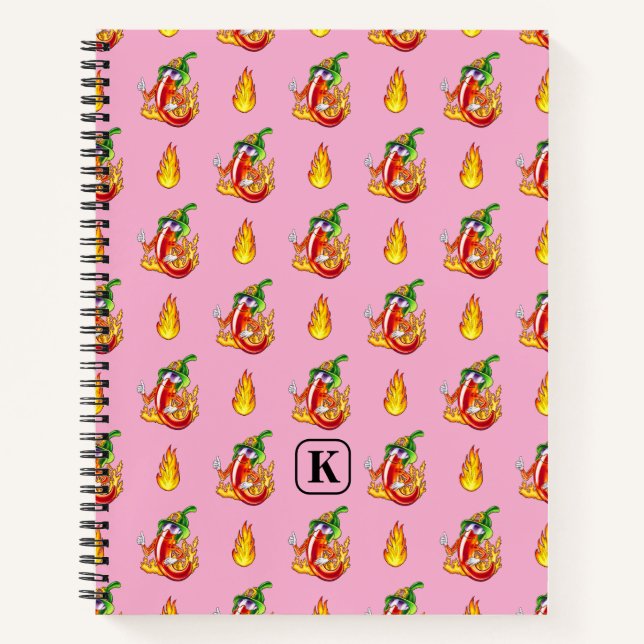 Pink Funny Firefighter Chilli And Flame Pattern Notebook (Front)