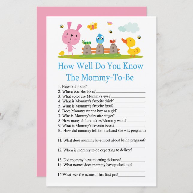 Pink funny rabbit How well do you know baby shower (Front/Back)