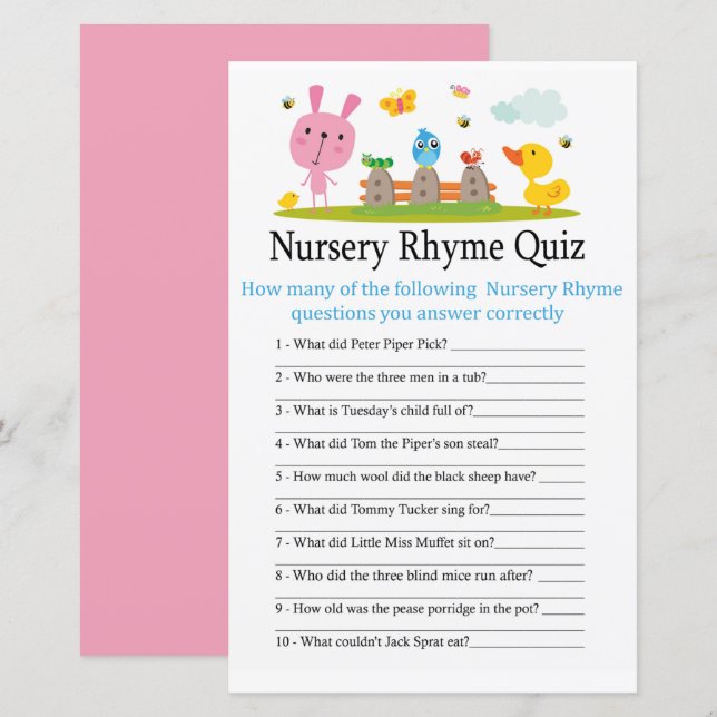 Pink funny rabbit Nursery Rhyme Quiz baby shower (Front/Back)