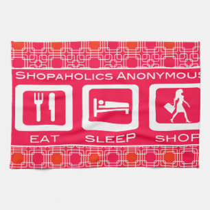 Pink Funny Shopaholic Eat Sleep Shop Award Tea Towel