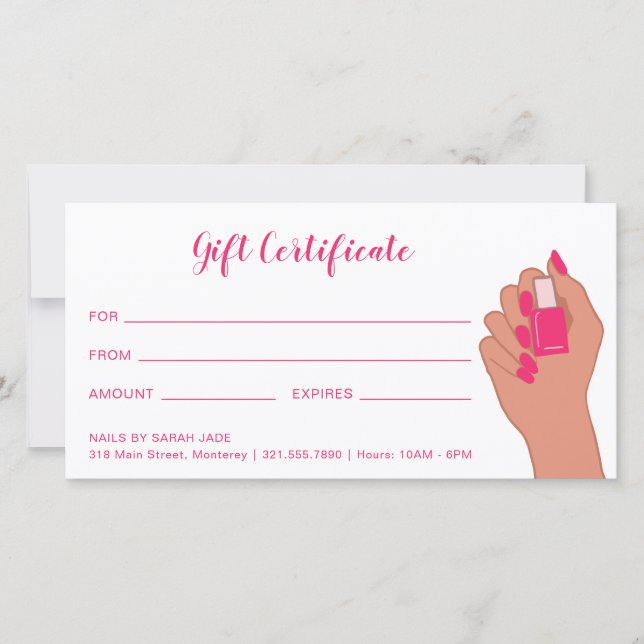 Pink Fuschia Modern Nail Salon Gift Certificate (Front)