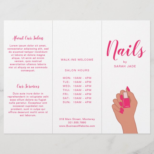 Pink Fuschia Modern Nail Salon Trifold Brochure (Front)