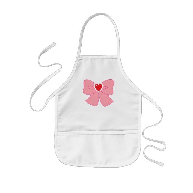 Pink Fuzzy Heart Bow Kids Apron (Front)