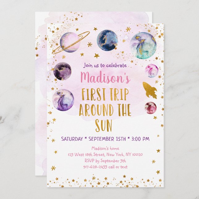 Pink Galaxy First Trip Around The Sun Birthday Invitation (Front/Back)