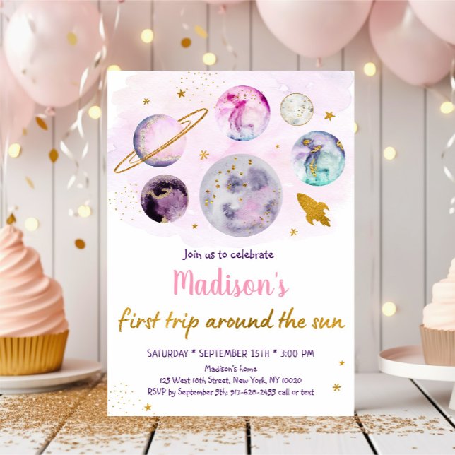 Pink Galaxy First Trip Around The Sun Birthday Invitation (Creator Uploaded)
