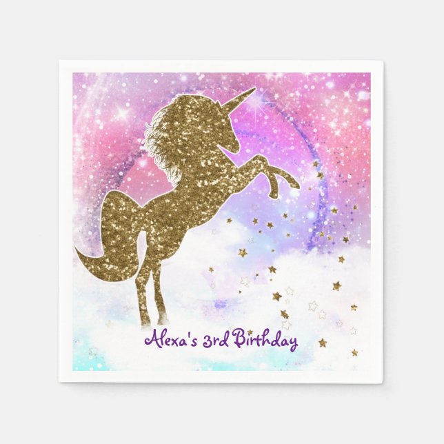 Pink Galaxy Magical Unicorn Sparkle Birthday Party Napkin (Front)
