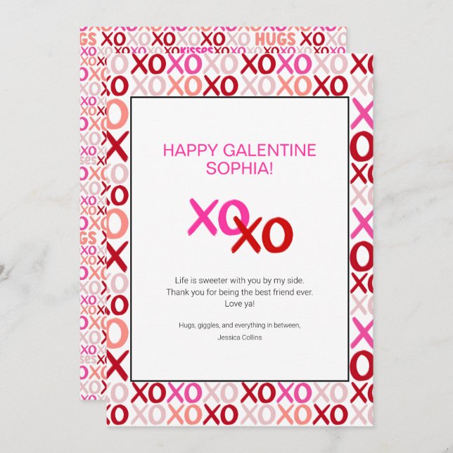 Pink Galentine's Day XOXO Modern Best Friend Name Holiday Card (Front/Back)