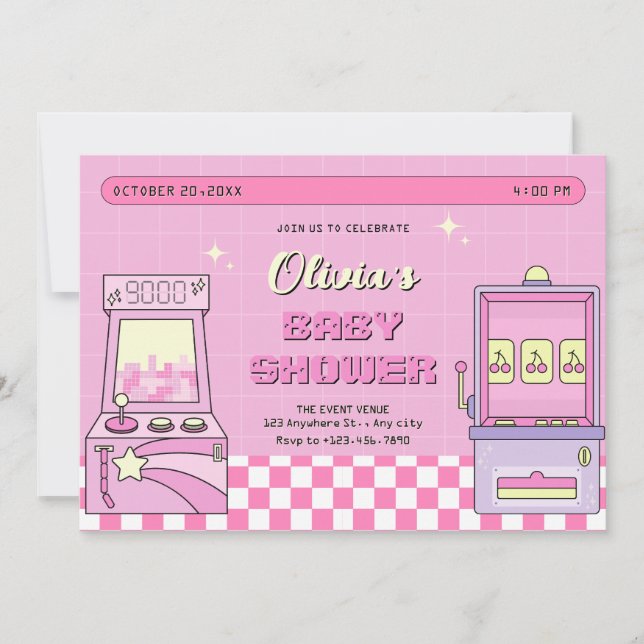 Pink game arcade baby shower invitation (Front)