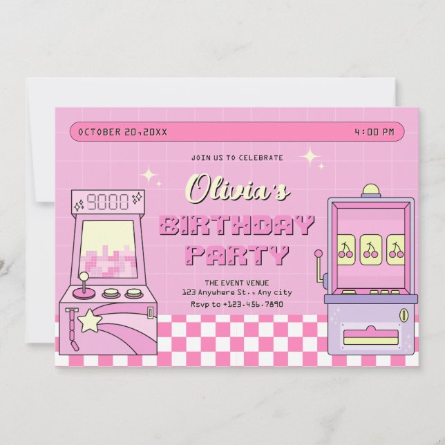 Pink game arcade  invitation (Front)
