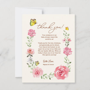 Pink Garden Baby Girl Floral Butterfly Baby Shower Thank You Card