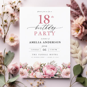 Pink Garden Floral Calligraphy 18th Birthday Invitation