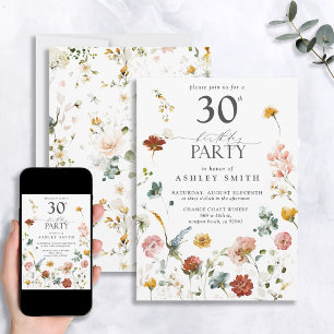Pink Garden Floral Calligraphy 30th Birthday Invitation