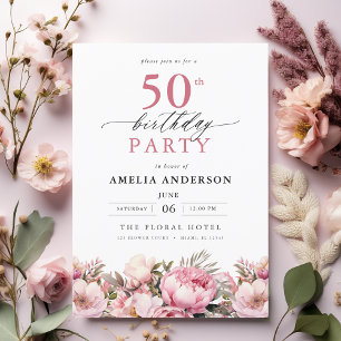 Pink Garden Floral Calligraphy 50th Birthday Invitation