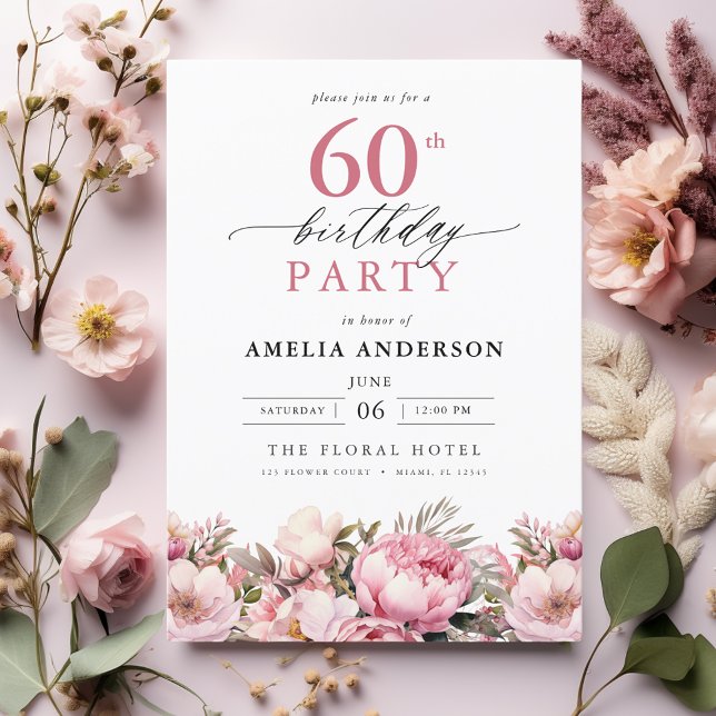 Pink Garden Floral Calligraphy 60th Birthday Invitation (Creator Uploaded)