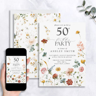 Pink Garden Floral Callligraphy 50th Birthday Invitation