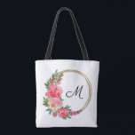 Pink Garden Floral Wreath Monogram Tote Bag<br><div class="desc">Gift this beautiful personalised tote bag featuring gold rings and garden flowers in shades of pink and personalised with a monogram in chic lettering. MATCHING ITEMS in our store.</div>