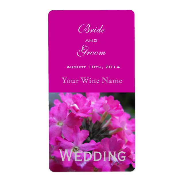 pink garden flower wedding wine labels. (Front)