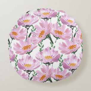 Pink Garden Flowers: Hand-Drawn Seamless. Round Cushion