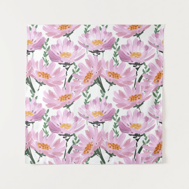 Pink Garden Flowers: Hand-Drawn Seamless. Tapestry (Front)