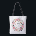 Pink Garden Flowers Wreath Monogram Tote Bag<br><div class="desc">Gift this beautiful personalised tote bag featuring beautiful garden flowers wreath in shades of pink and personalised with a monogram in chic lettering. MATCHING ITEMS in our store.</div>