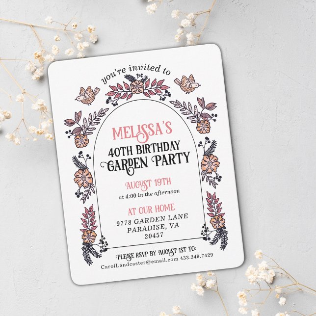 Pink Garden Party 40th Birthday Invitation (Cute pink floral garden party birthday invitation.)