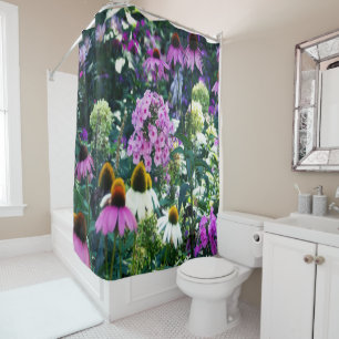 Pink Garden Phlox Landscape with Cone Flowers Shower Curtain