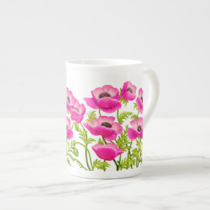 Pink Garden Poppy Flowers Bone China Mug