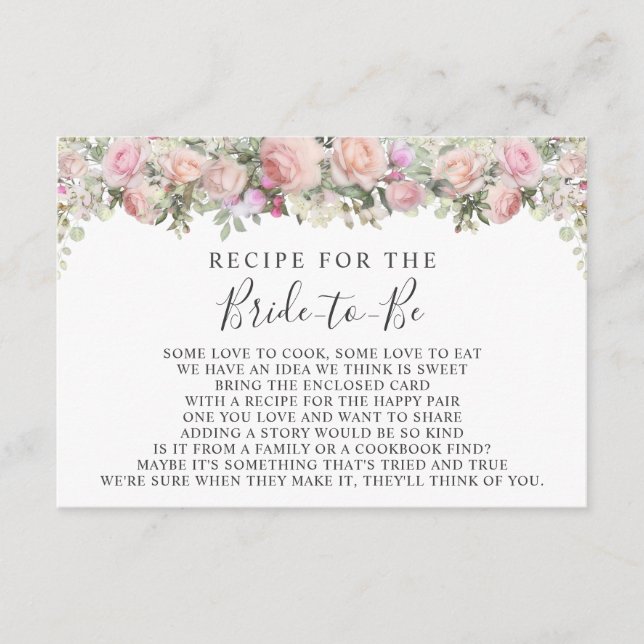 Pink Garden Rose Floral Bridal Shower Recipe Card (Front)
