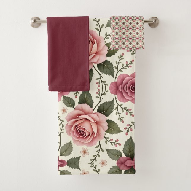 Pink Garden Rose Pattern Bath Towel Set (Insitu)