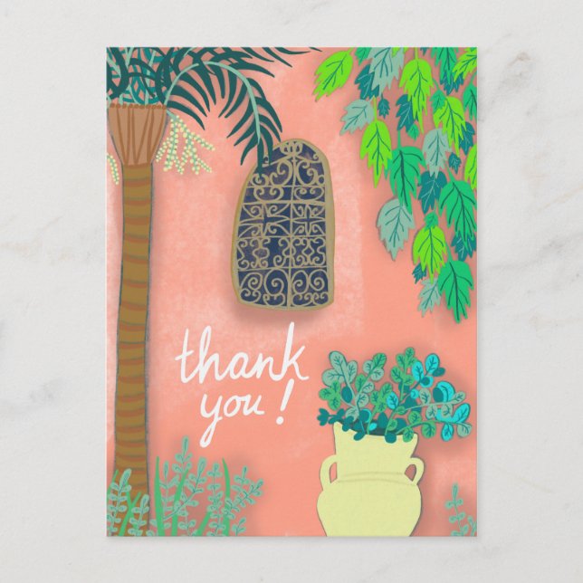 Pink Garden Wall Exotic Palm Tree THANK YOU Postcard (Front)