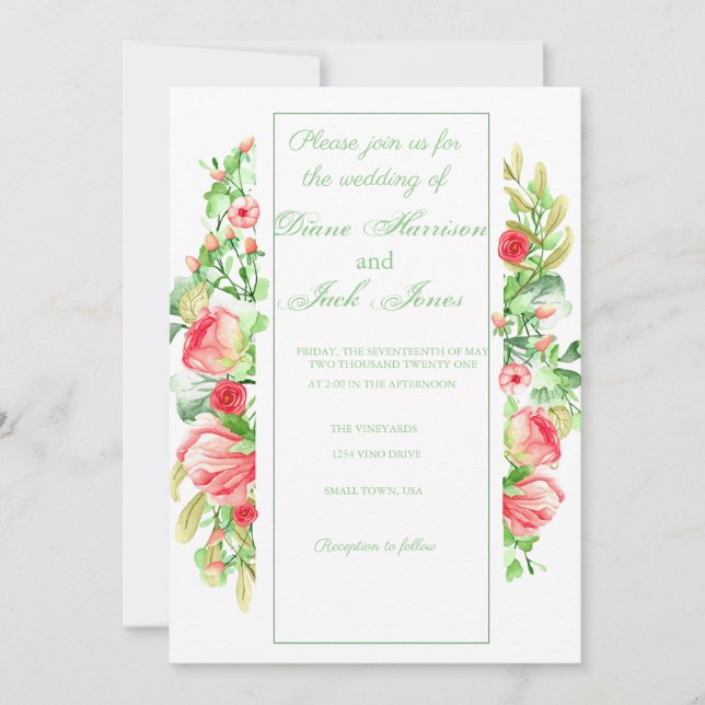 Pink Garden Watercolor Rose Bouquet Invitation (Front)