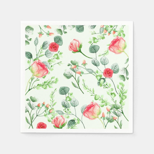 Pink Garden Watercolor Rose Bouquet Napkin (Front)