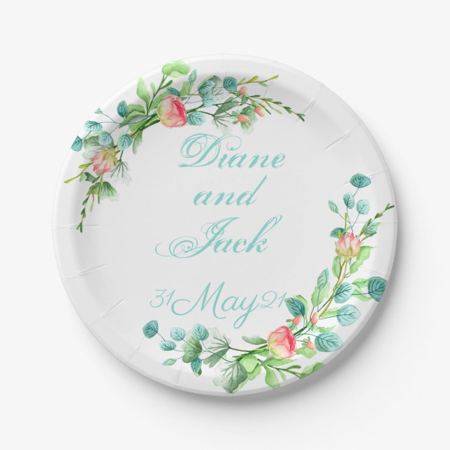 Pink Garden Watercolor Rose Bouquet Paper Plate (Front)