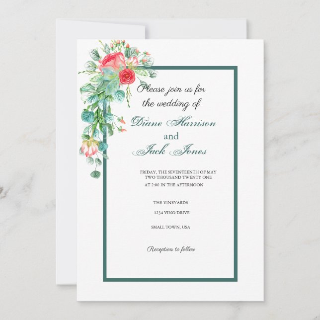 Pink Garden Watercolor Rose Bouquet Wedding Invitation (Front)