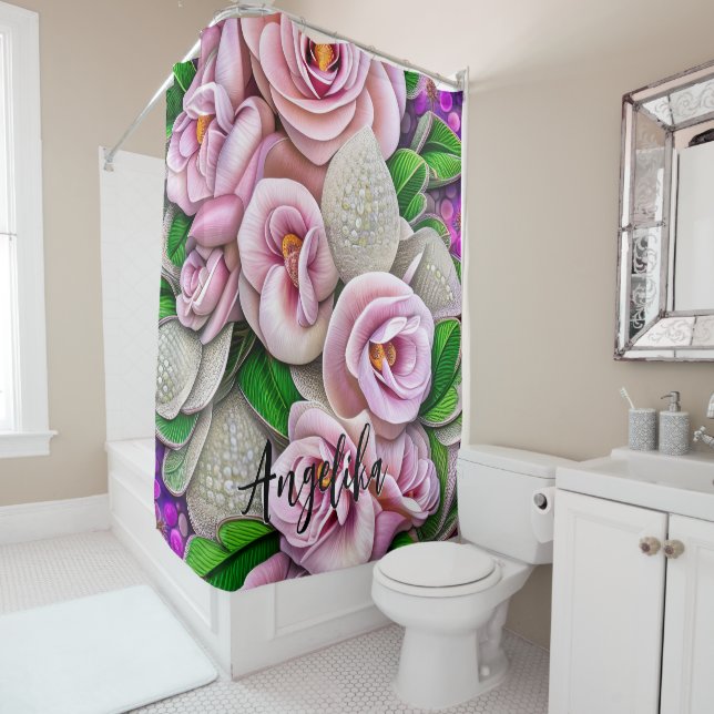 Pink Gardenias with Silver Glitters Custom Name Shower Curtain (In Situ)