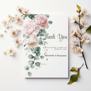 Pink garland peonies eucalyptus leaf Thank You Invitation
