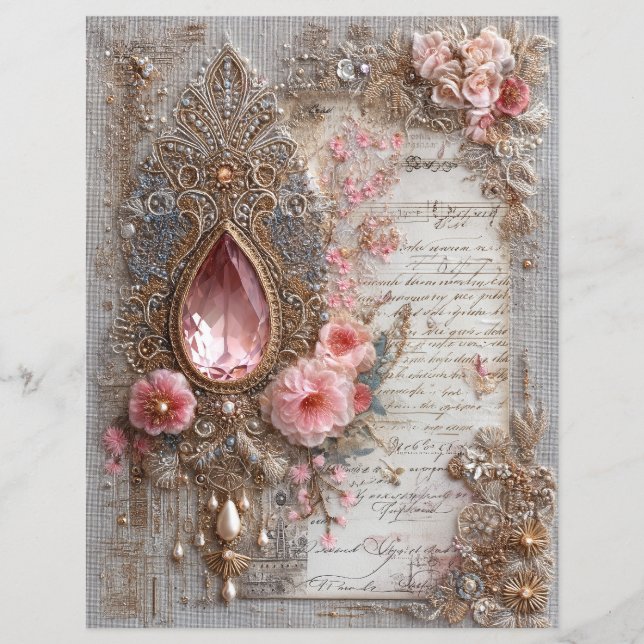 Pink Gem Embroidery Junk Journal Scrapbook Paper (Front)