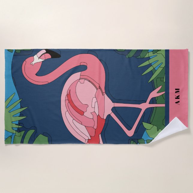 Pink Geo Flamingo with Name Beach Towel (Front)